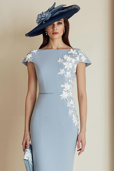 Leely Women Dusty Blue Bodycon Floral Midi Mother of the Bride Dress