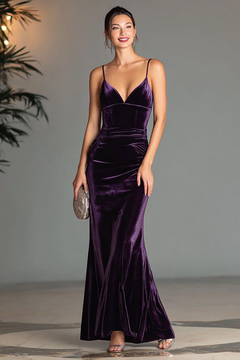 Purple Spaghetti Straps Mermaid Velvet Long Holiday Party Dress