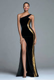 Sparkly Black Velvet One Shoulder Mermaid Long Holiday Party Dress with Sequins