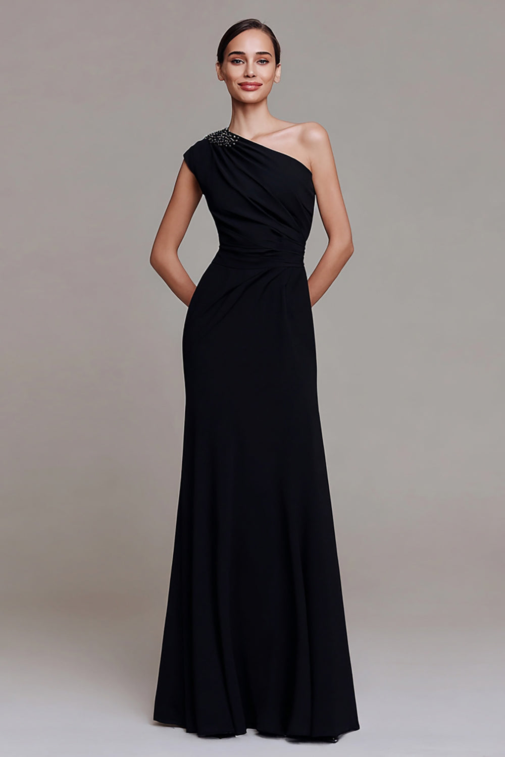Black Sheath One Shoulder Ruched Long Formal Dress with Beading