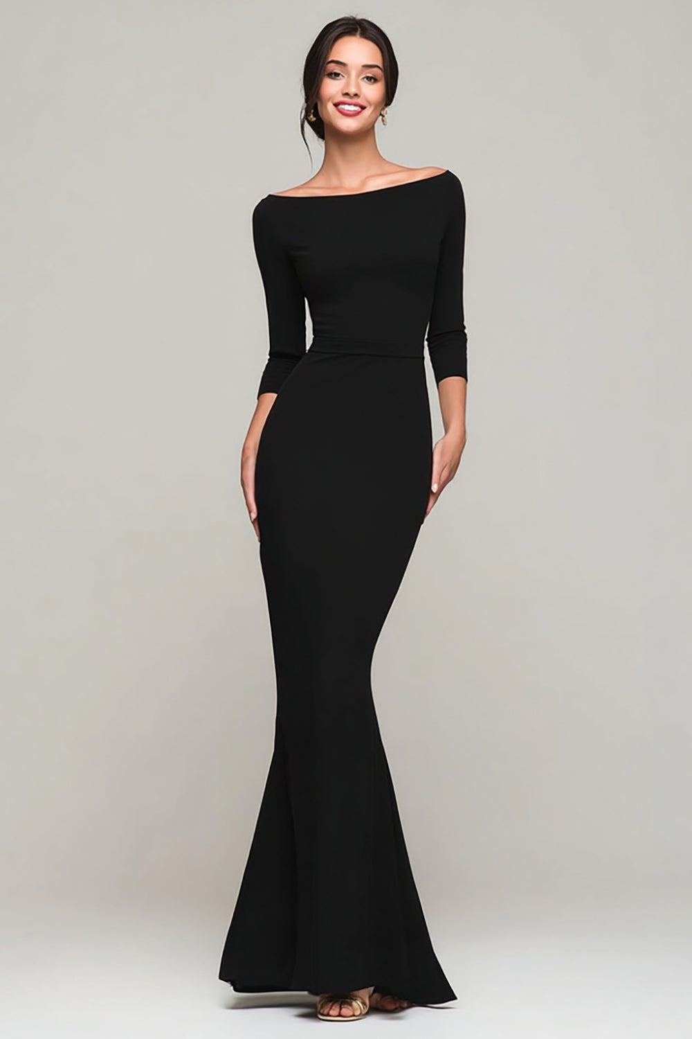 Black Boat Neck Long Mermaid Formal Dress with Sleeves