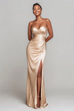Champagne Mermaid Sweetheart Satin Long Formal Dress with Slit