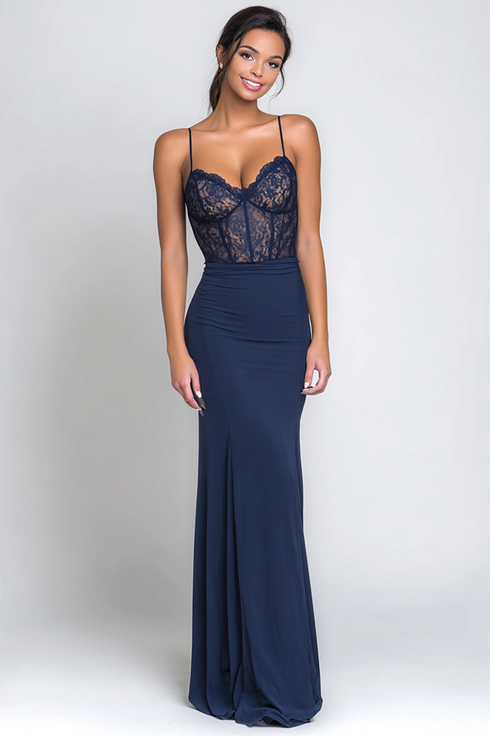Navy Mermaid Spaghetti Straps Maxi Corset Formal Dress with Lace
