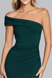 Dark Green Mermaid One Shoulder Long Formal Dress with Slit