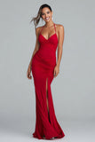 Simple Red Mermaid Halter Maxi Formal Dress with Slit