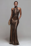 Brown Metallic High Neck Mermaid Maxi Formal Dress