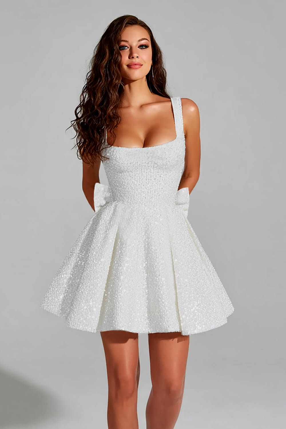 Sparkly Ivory A Line Square Neck Sequin Little White Dress with Bow