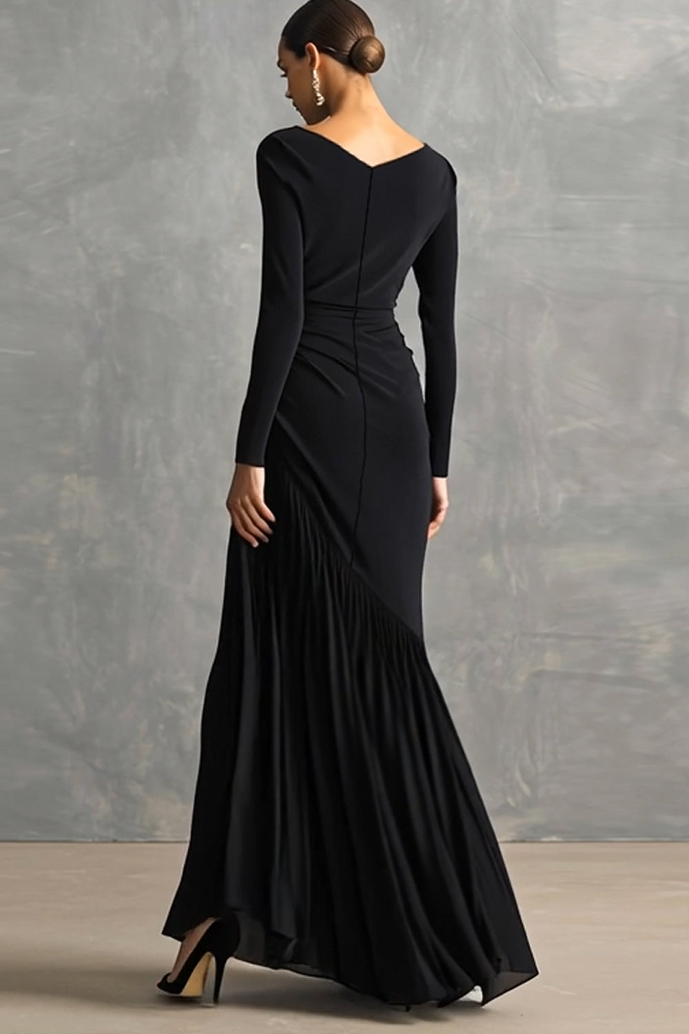 Black Boat Neck Mermaid Maxi Formal Dress with Sleeves