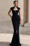 Black Square Neck Mermaid Cap Sleeves Long Formal Dress with Slit