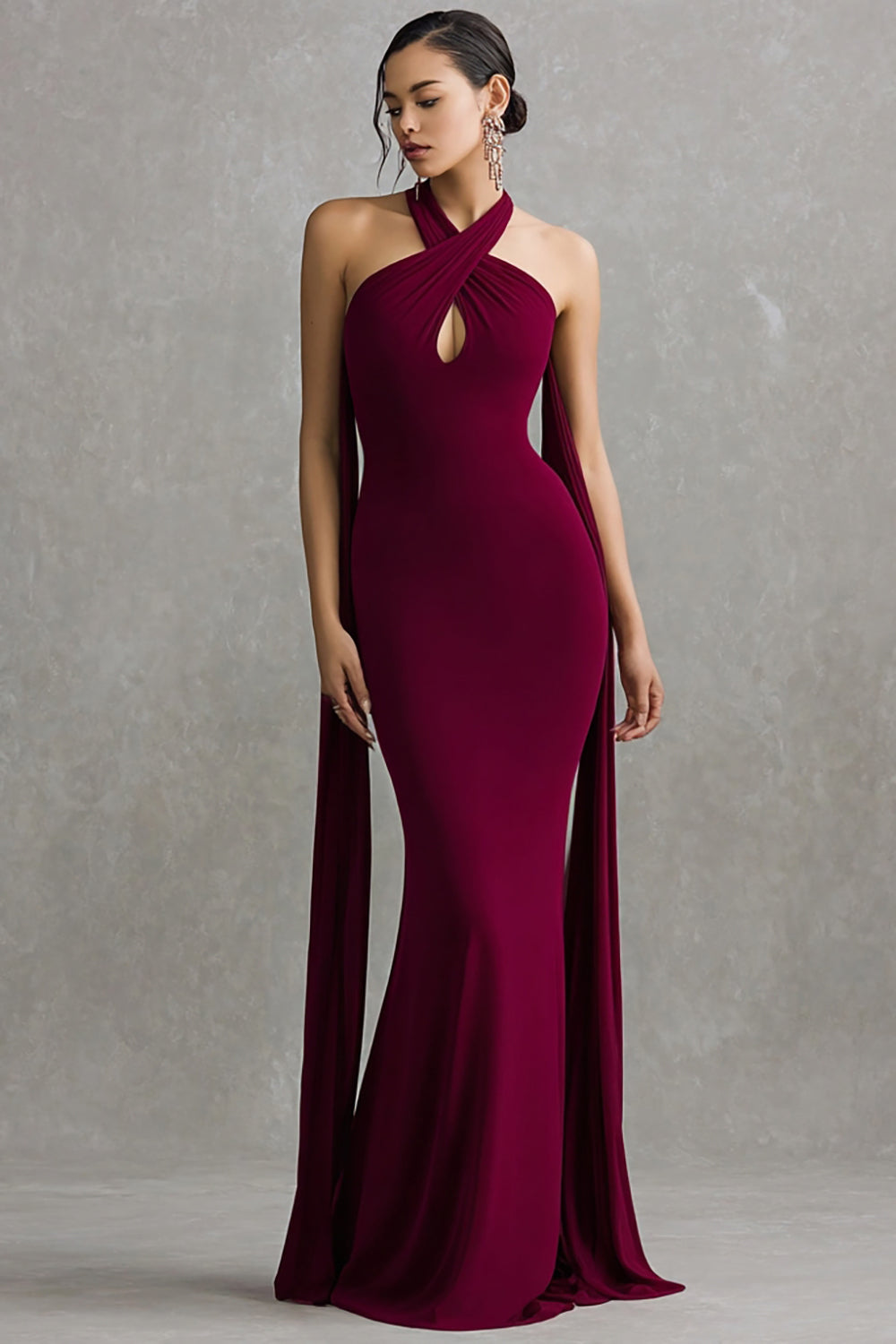 Burgundy Halter Mermaid Neck Scarf Maxi Formal Dress