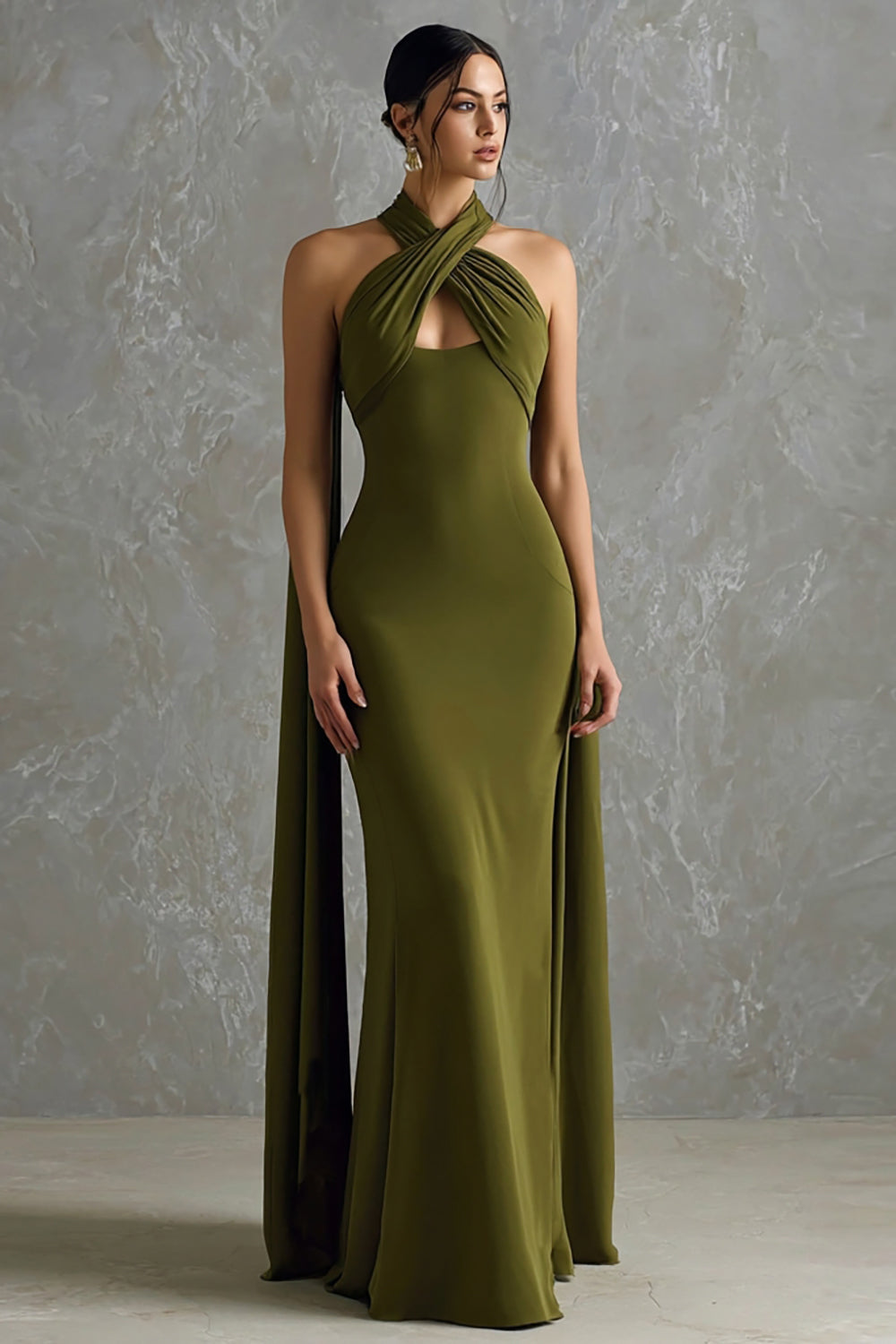 Olive Green Halter Neck Scarf Mermaid Maxi Formal Dress