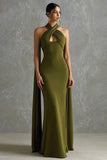 Olive Green Halter Neck Scarf Mermaid Maxi Formal Dress