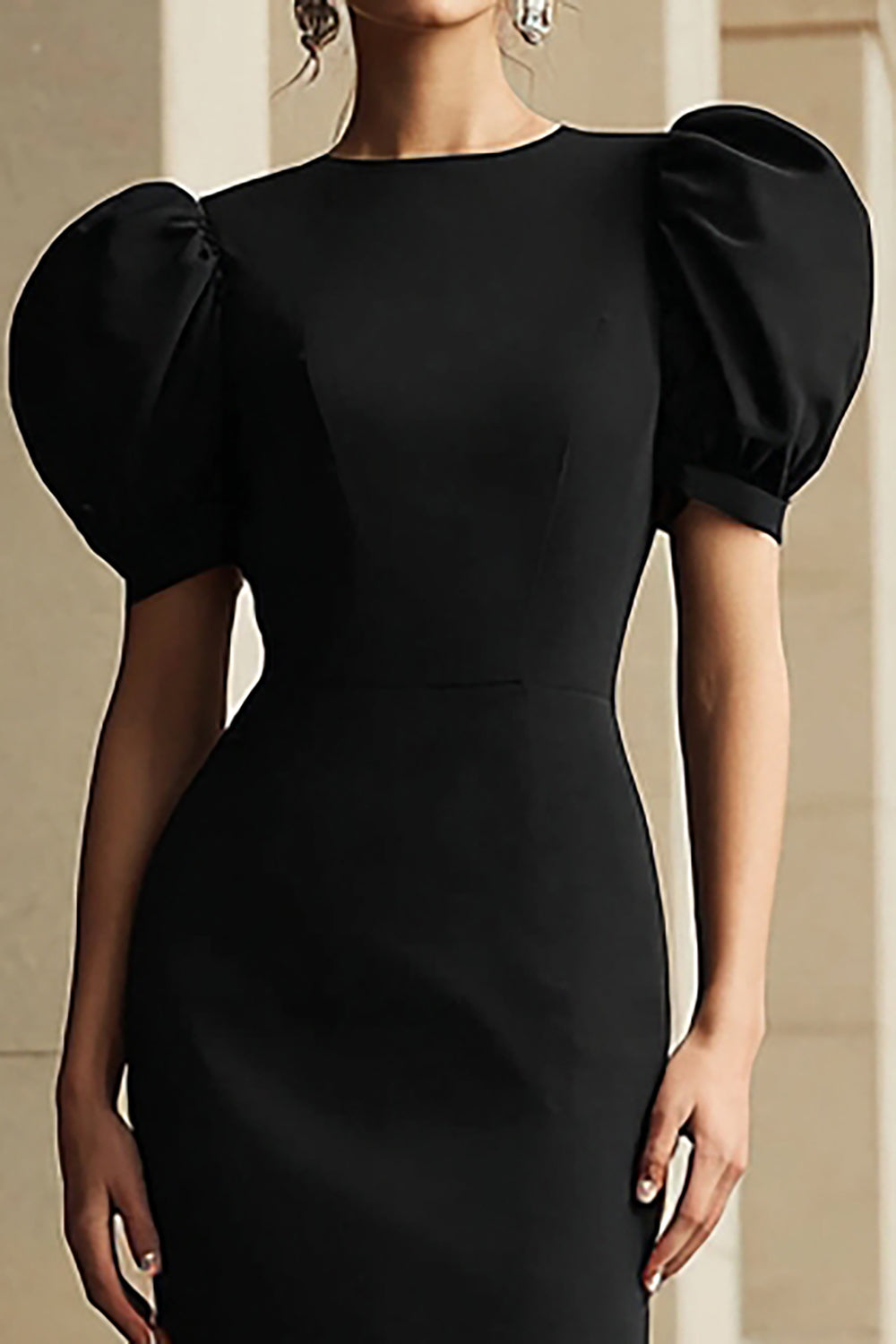 Black Round Neck Puff Sleeves Tea Length Mermaid Formal Dress