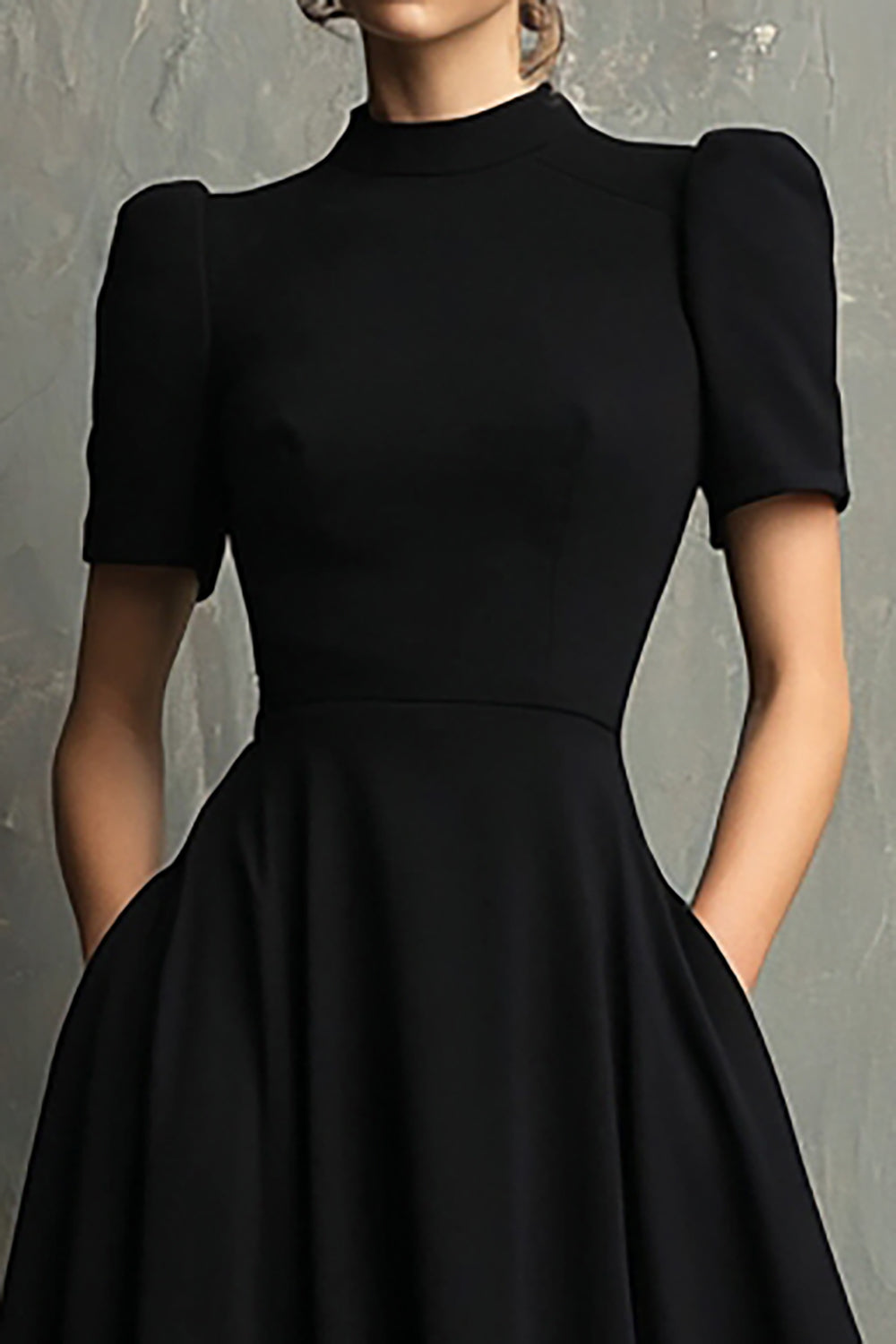 Black Short Sleeves High Neck A-Line Long Formal Dress with Pockets