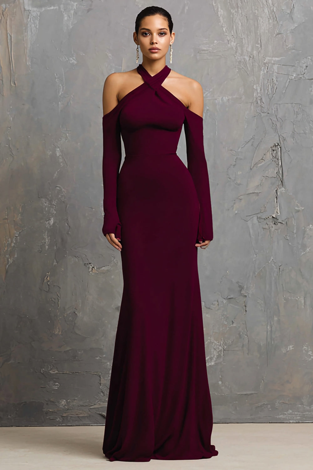 Burgundy Mermaid Halter Long Sleeves Long Formal Dress