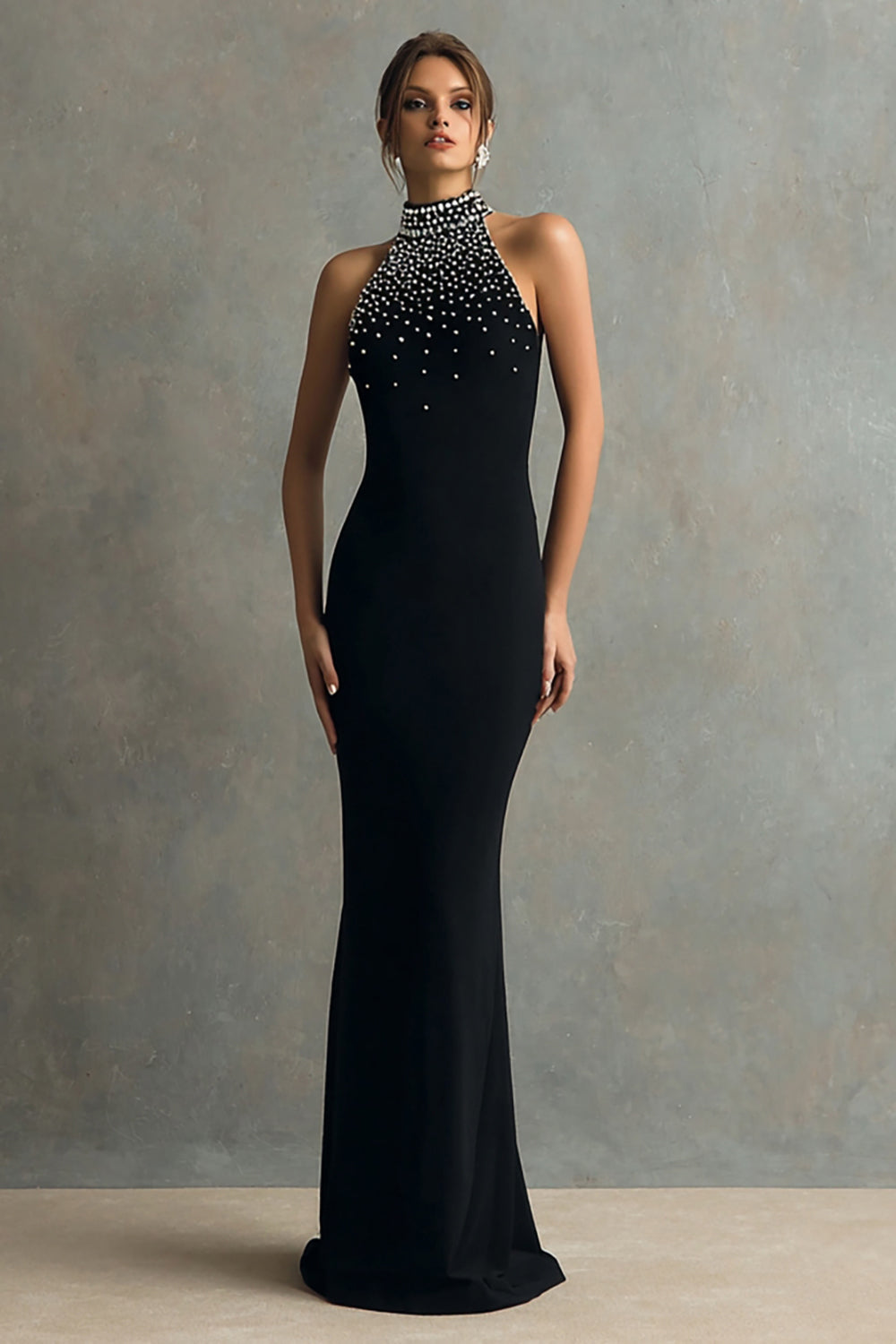 Sparkly Black Mermaid Halter Maxi Formal Dress with Beading