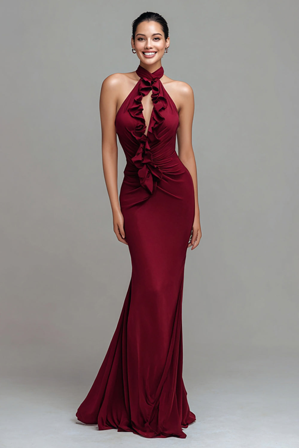 Burgundy Halter Long Mermaid Formal Dress with Ruffles