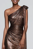 Sparkly Brown One Shoulder Mermaid Metallic Maxi Formal Dress with Slit