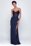 Navy Spaghetti Straps Mermaid Lace Maxi Formal Dress with Slit