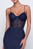 Navy Spaghetti Straps Mermaid Lace Maxi Formal Dress with Slit