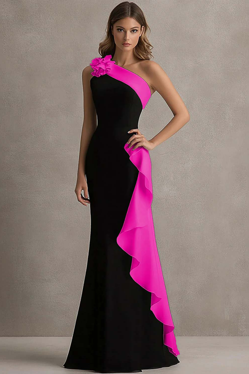 Black and Light Blue Mermaid One Shoulder Maxi Formal Dress with Ruffles