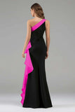 Black and Light Blue Mermaid One Shoulder Maxi Formal Dress with Ruffles