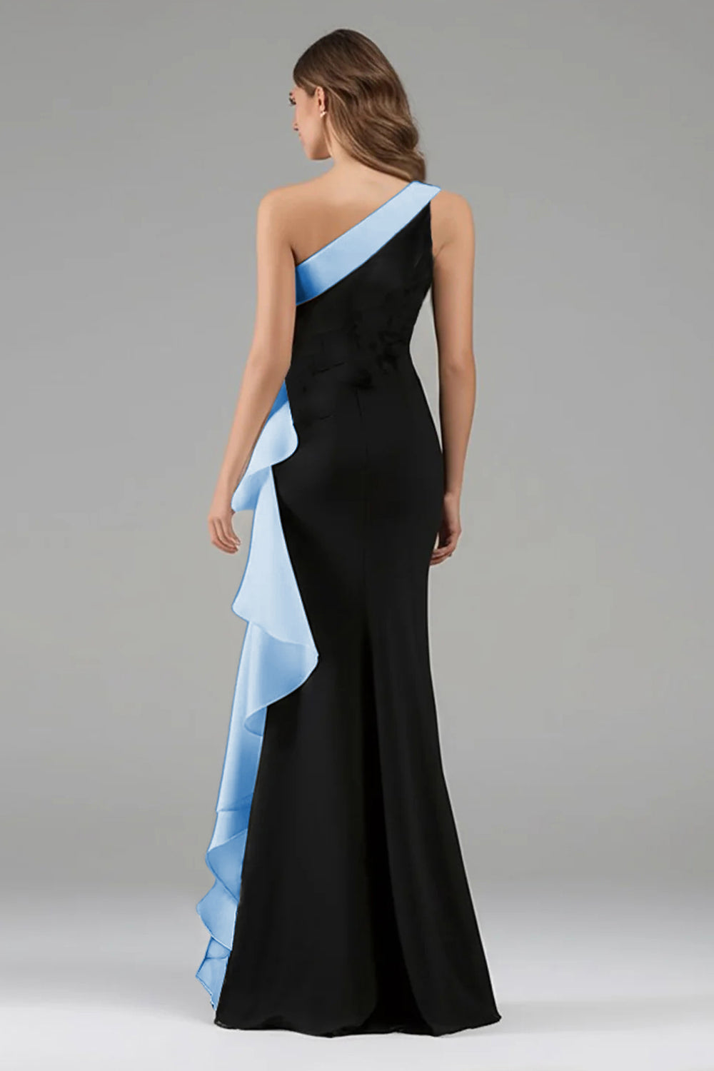 Black and Light Blue Mermaid One Shoulder Maxi Formal Dress with Ruffles