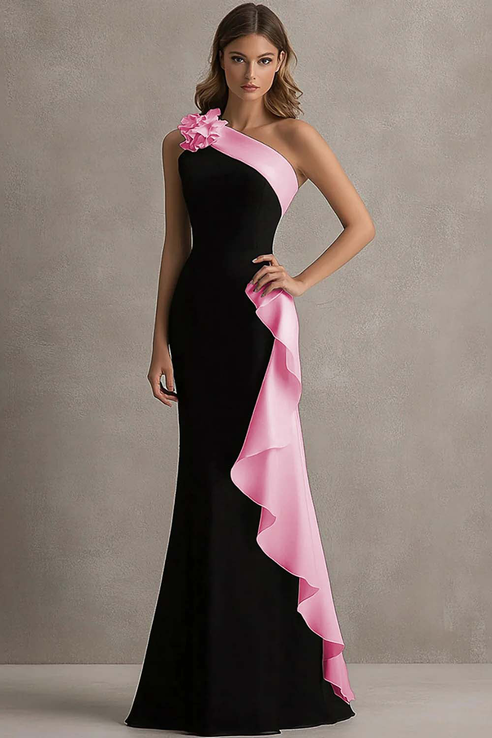Black and Light Blue Mermaid One Shoulder Maxi Formal Dress with Ruffles