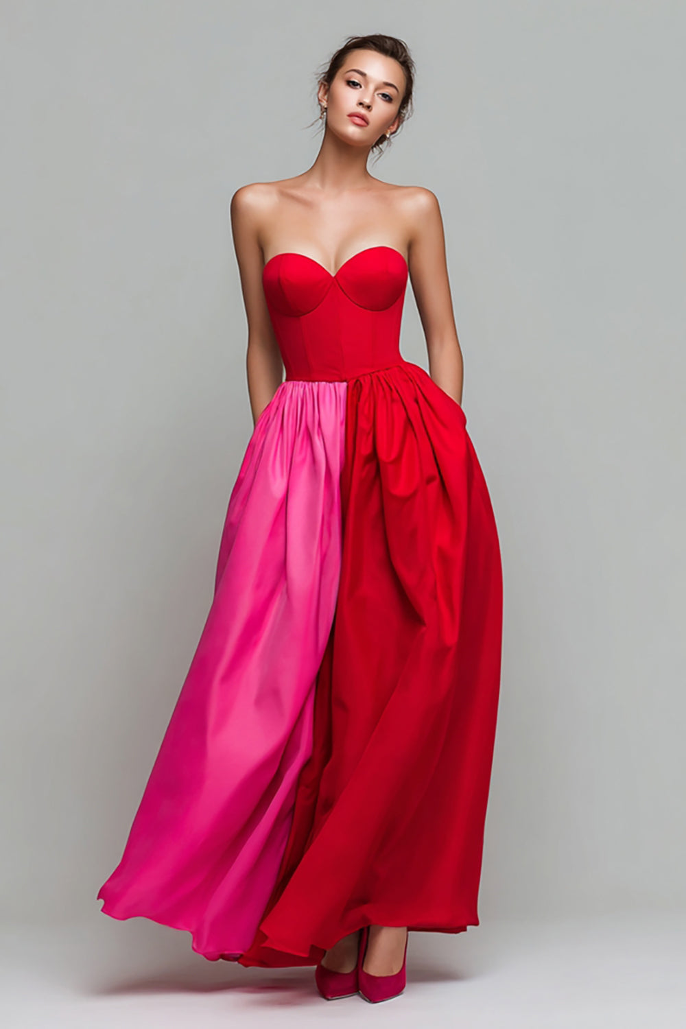 Red and Fuchsia Long Strapless A Line Patchwork Formal Dress