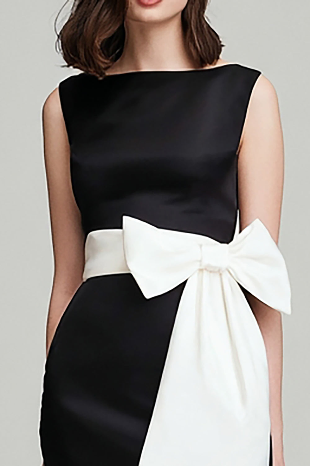 Black and White Boat Neck Mermaid Long Formal Dress with Bow
