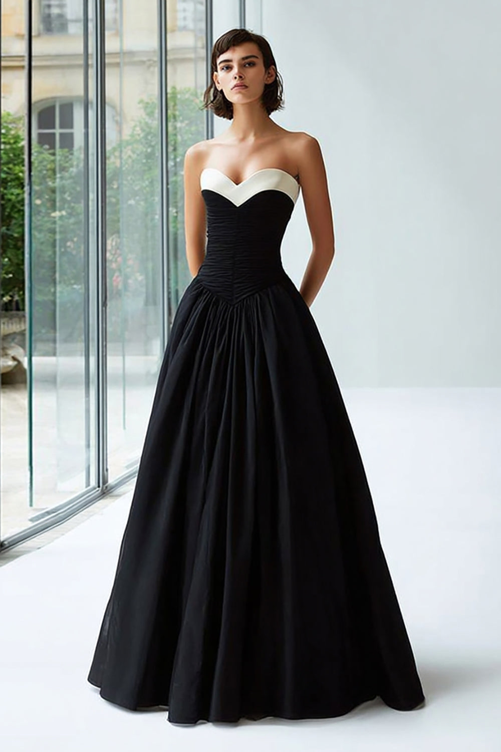 Black and White A Line Satin Sweetheart Long Formal Dress