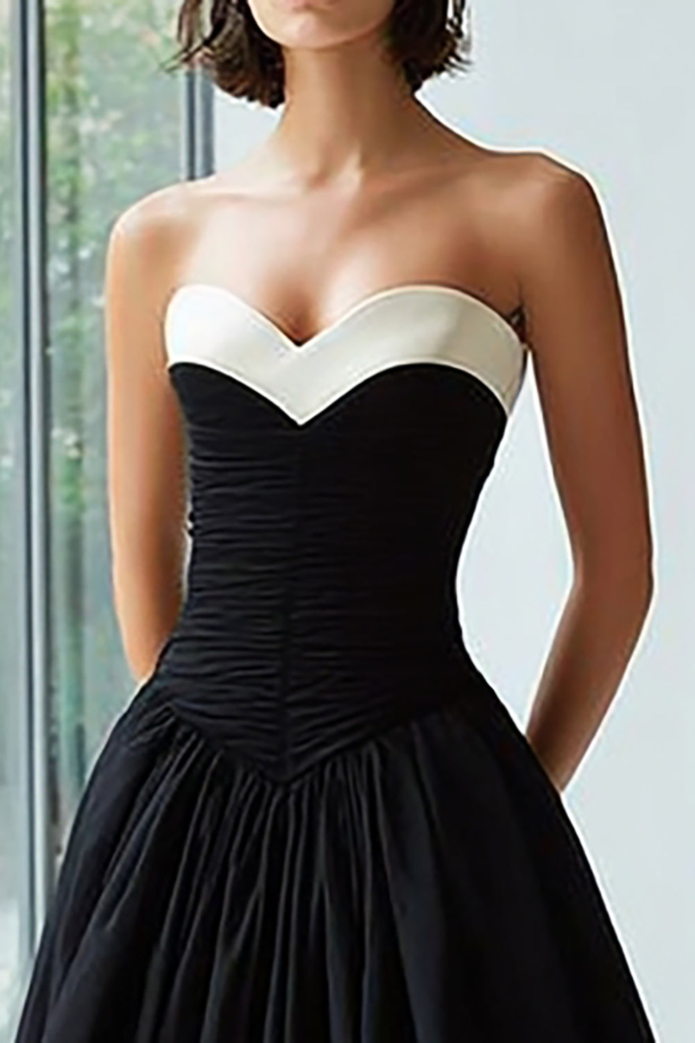Black and White A Line Satin Sweetheart Long Formal Dress