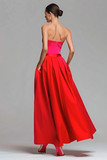 Red and Fuchsia Satin A Line Strapless Maxi Formal Dress