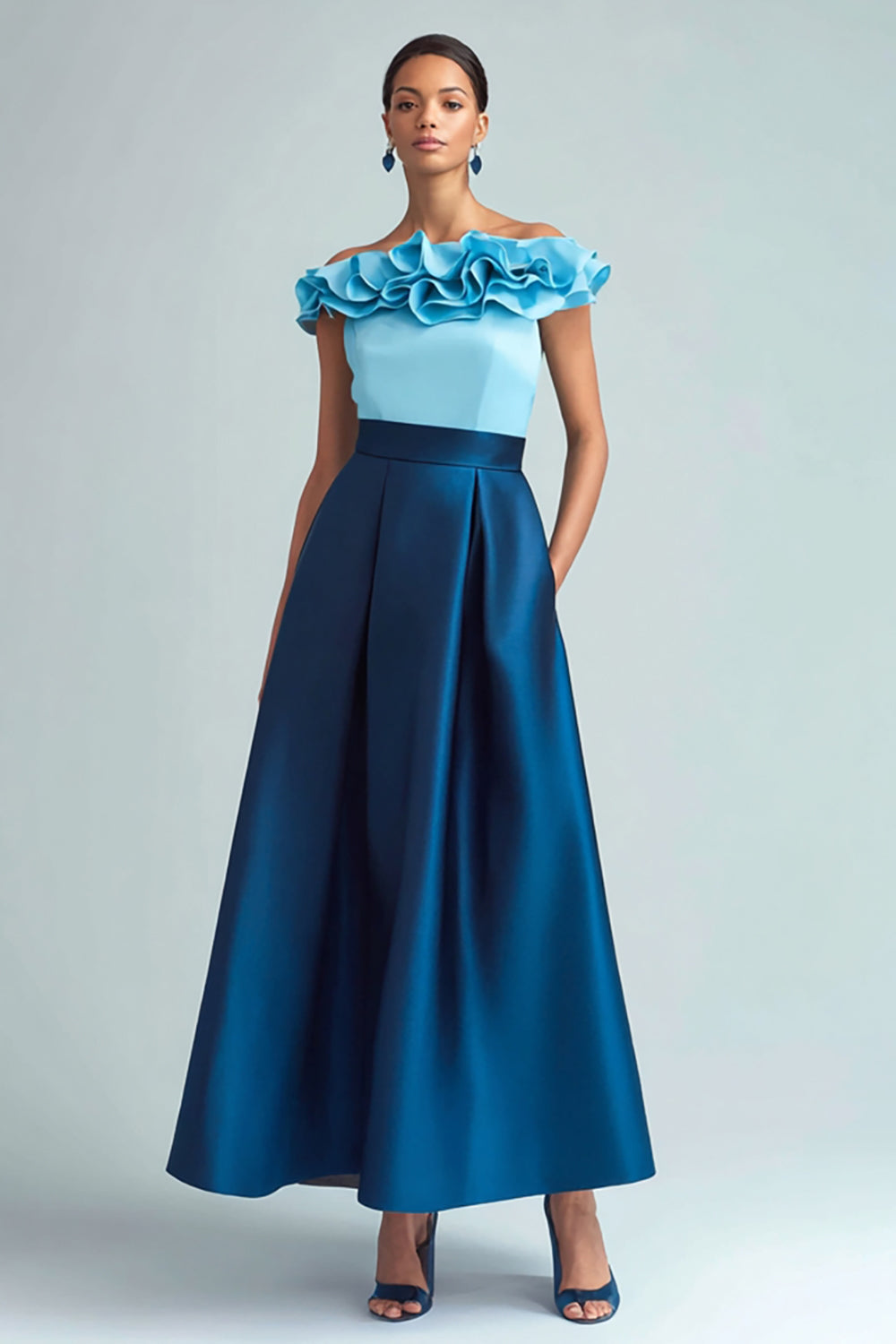 Sky Blue and Dark Blue A Line Ruffled Satin Long Formal Dress