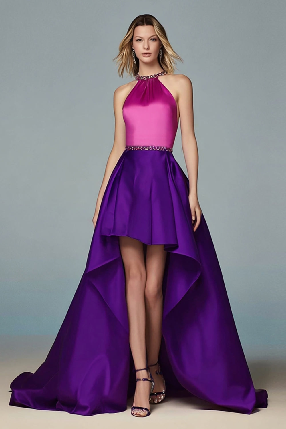Sparkly Fuchsia and Purple A Line High-Low Satin Gala Dress