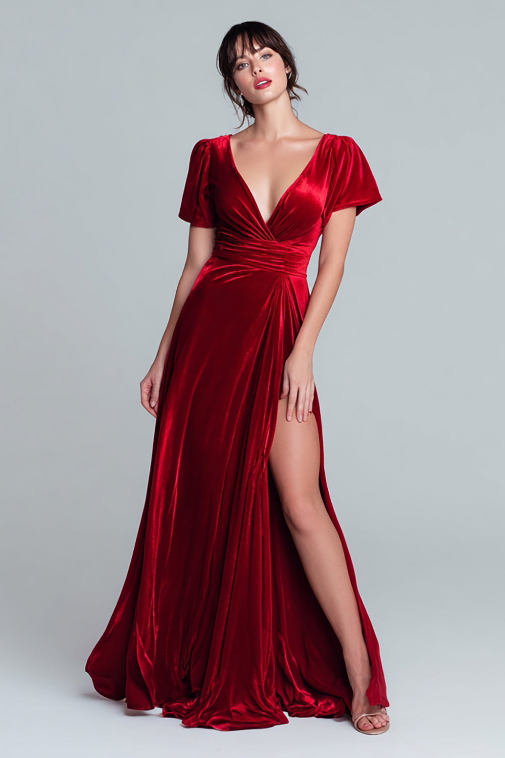 Red Velvet A Line V-Neck Long Holiday Party Dress with Slit