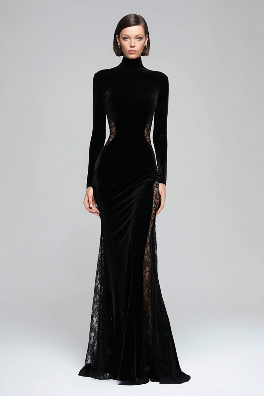 Leely Women Black Maxi Velvet Formal Dress Mermaid High Neck Holiday Party Dress with Lace