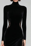 Black Mermaid Velvet High Neck Maxi Holiday Party Dress with Lace
