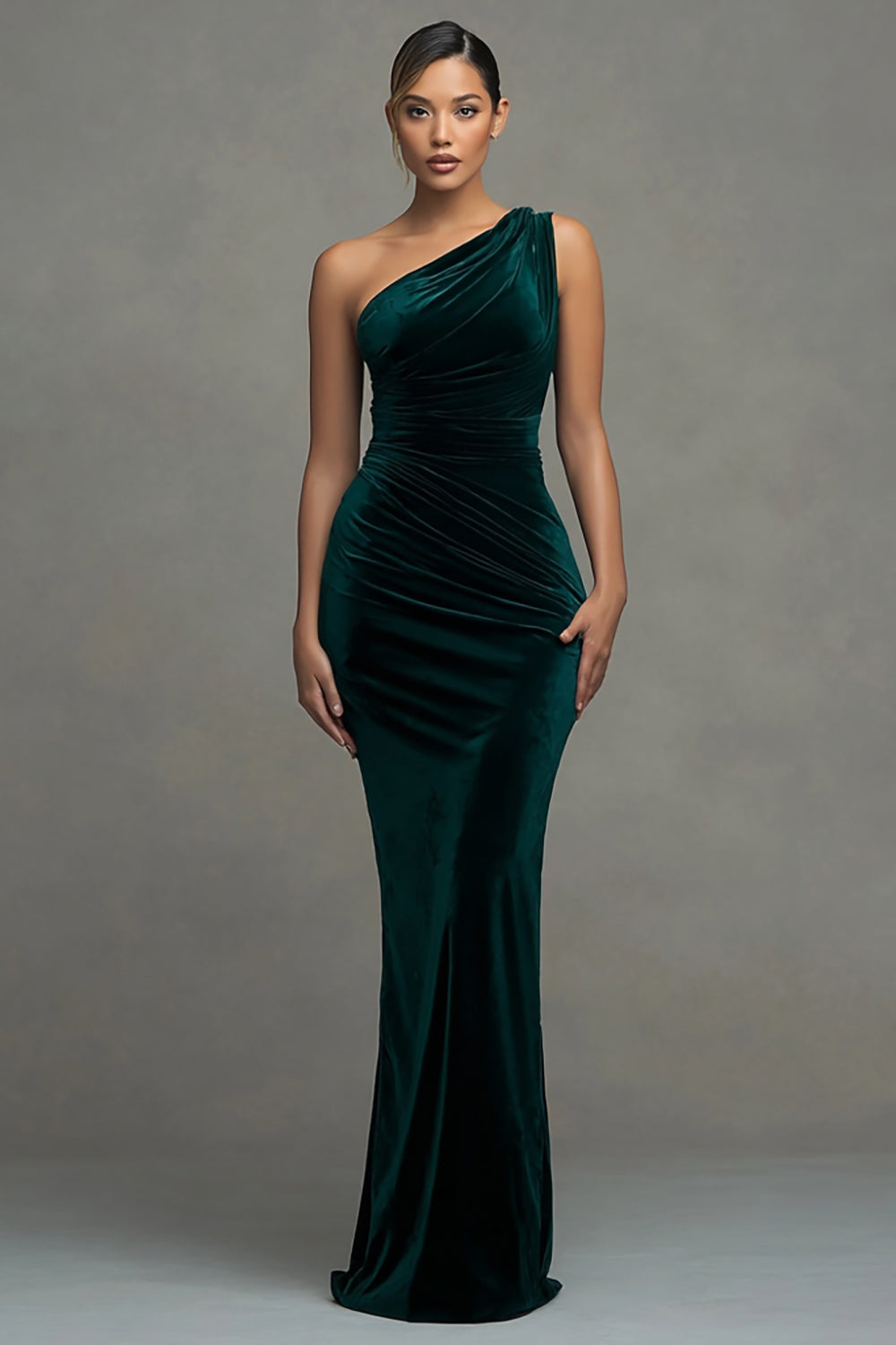 Dark Green Mermaid Velvet One Shoulder Maxi Formal Dress
