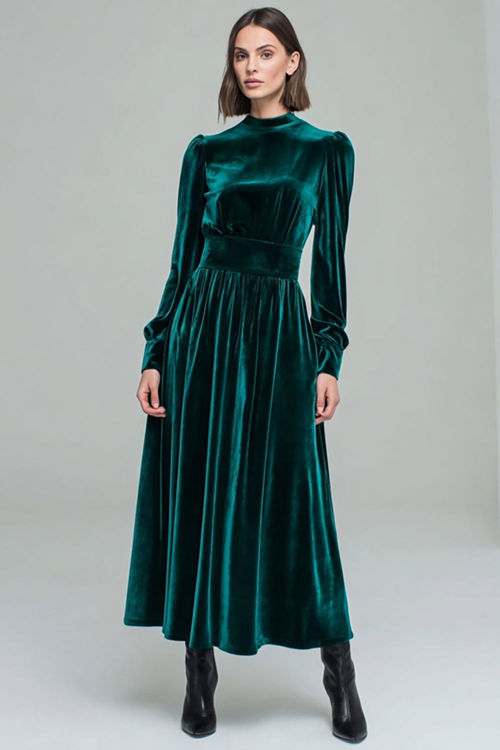 Velvet Long Peacock Green A Line Holiday Party Dress with Sleeves
