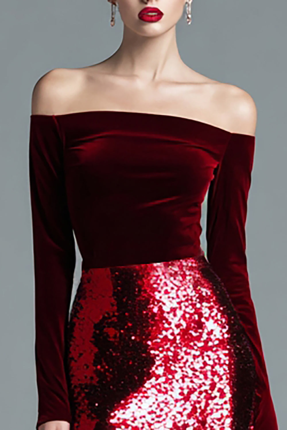 Sparkly Burgundy Velvet Maxi Off the Shoulder Holiday Party Dress with Sequins