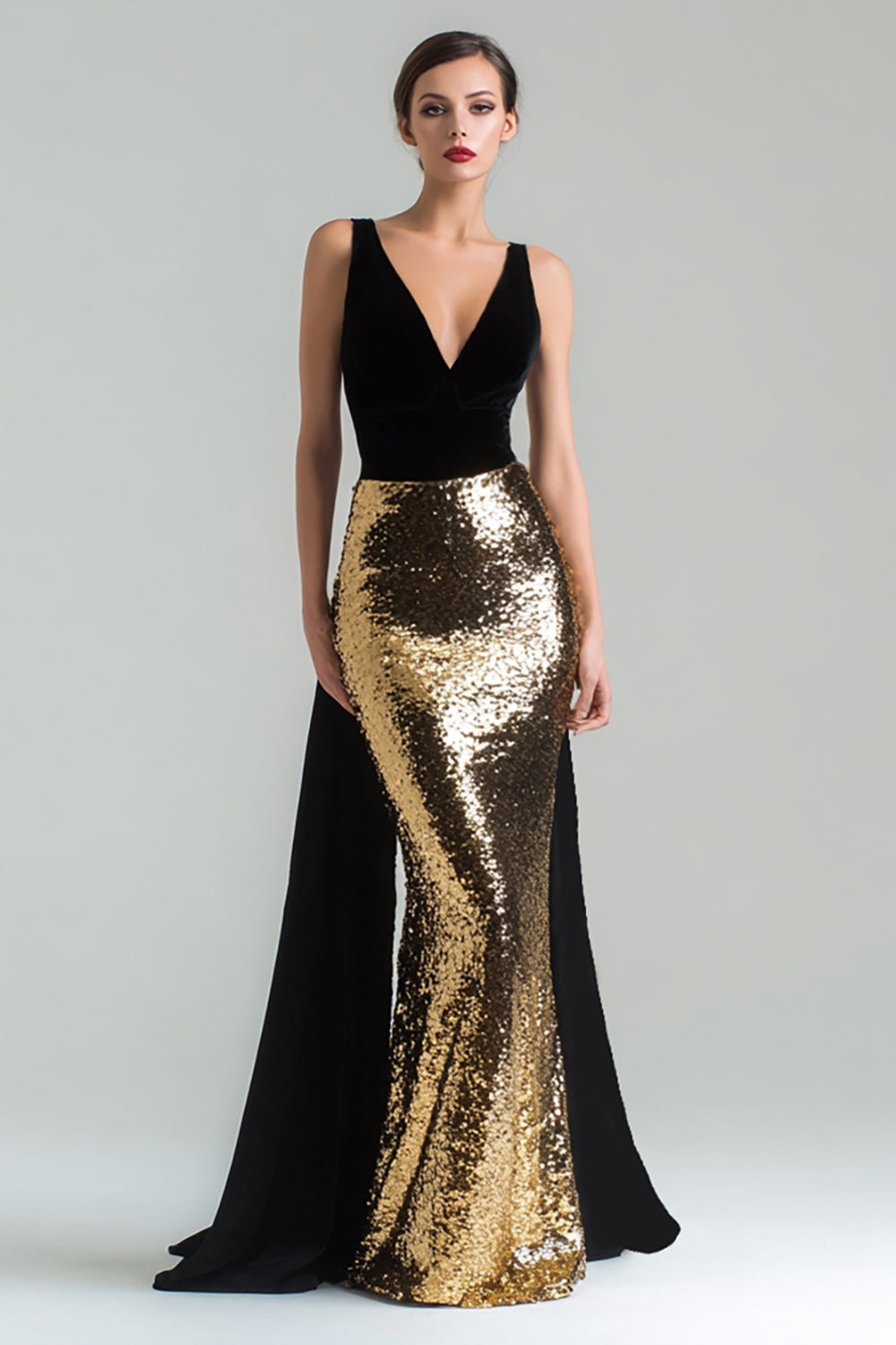 Sparkly Gold and Black V-Neck Long Mermaid Holiday Party Dress with Cape
