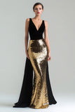 Sparkly Gold and Black V-Neck Long Mermaid Holiday Party Dress with Cape