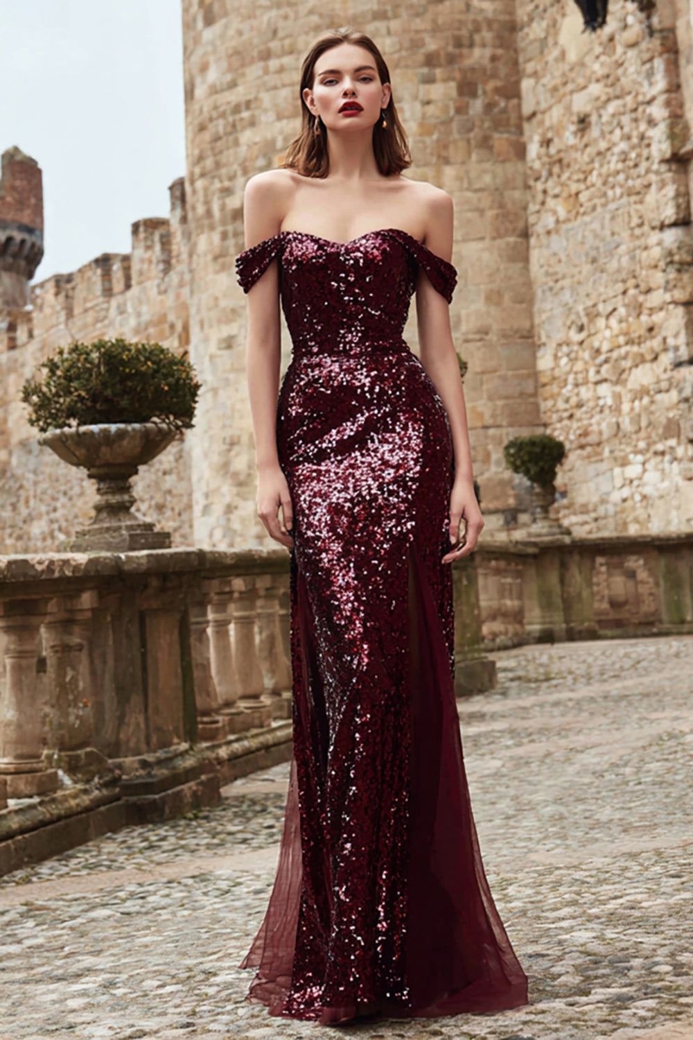 Sparkly Burgundy Off the Shoulder Mermaid Maxi Holiday Party Dress