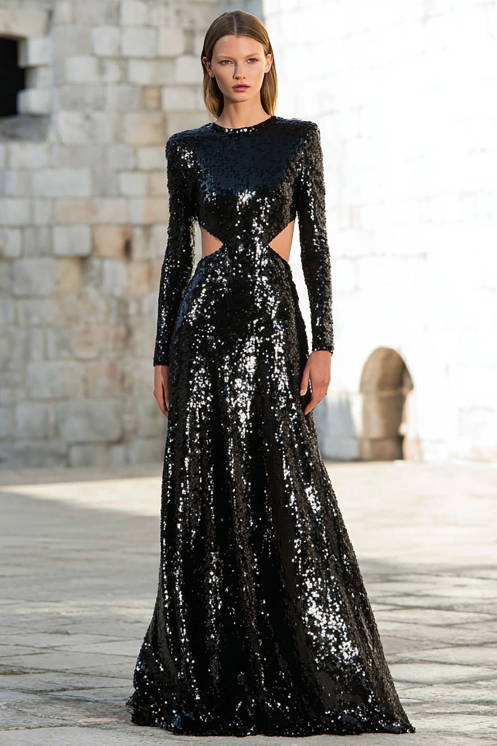 Sparkly Black Cut Out Sequin Maxi Holiday Party Dress