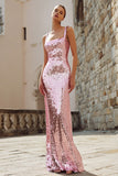Sparkly Pink Mermaid Square Neck Sequin Long Holiday Party Dress
