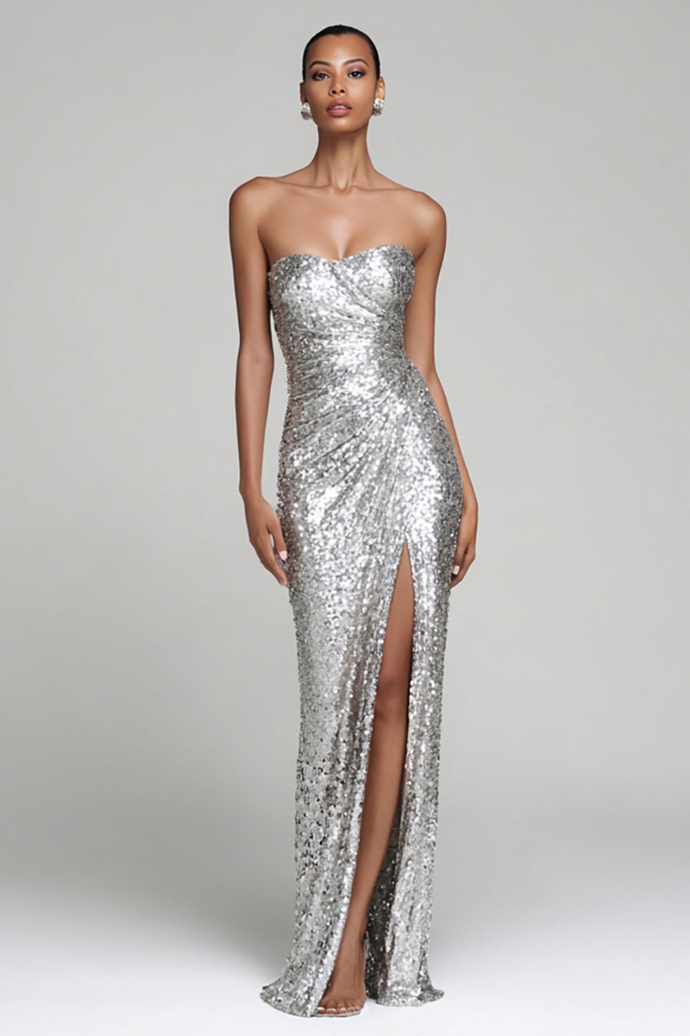 Silver Sparkly Sequin Strapless Long Holiday Party Dress with Slit