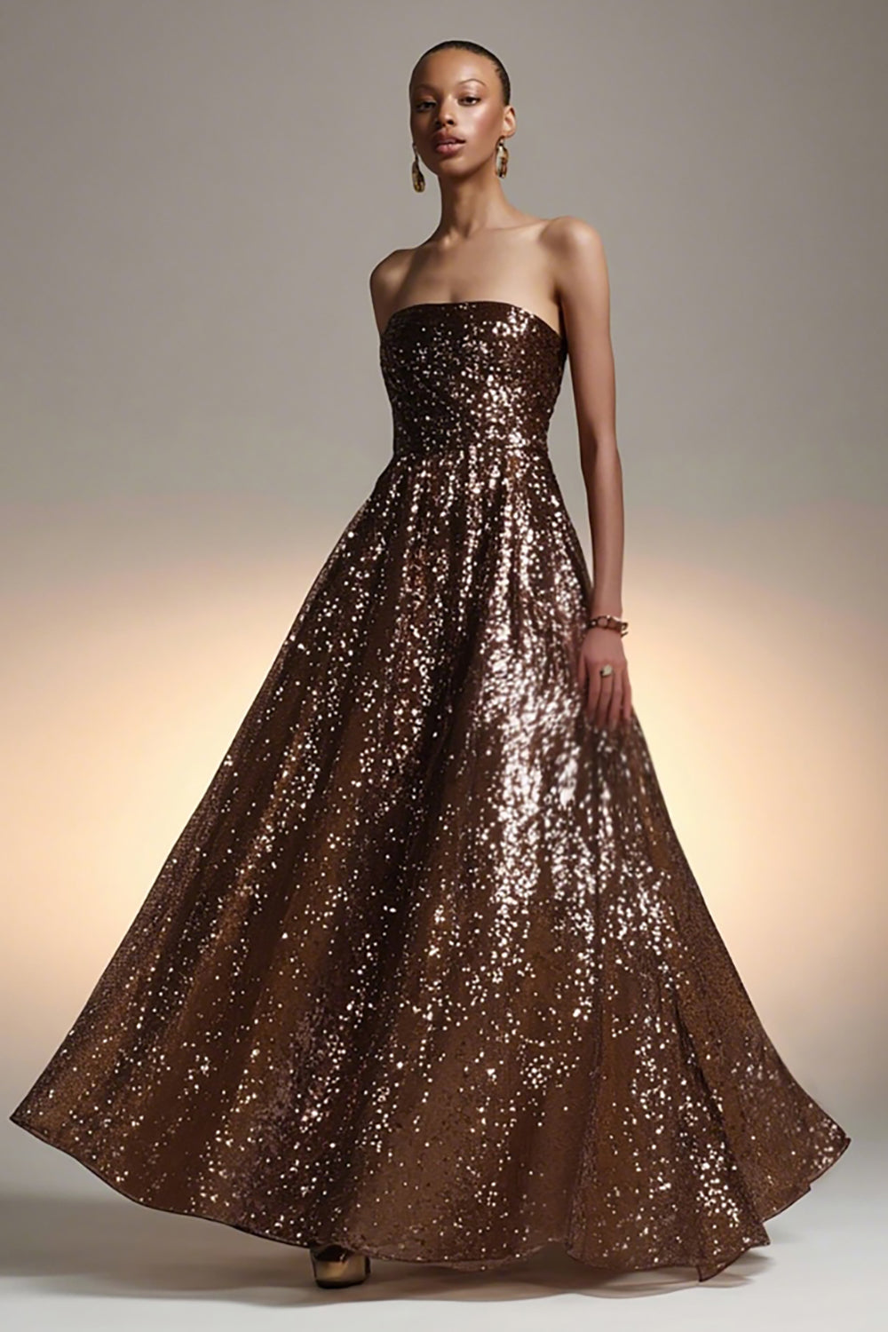 Sparkly Brown Strapless Sequin A Line Long Holiday Party Dress