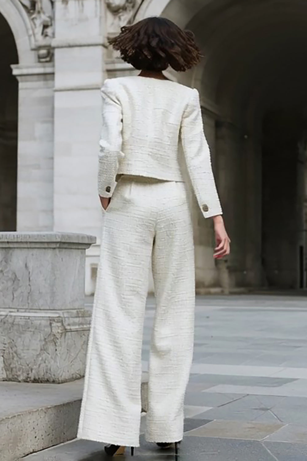 Ivory Long Sleeves 2 Piece Tweed Outfits with Pockets