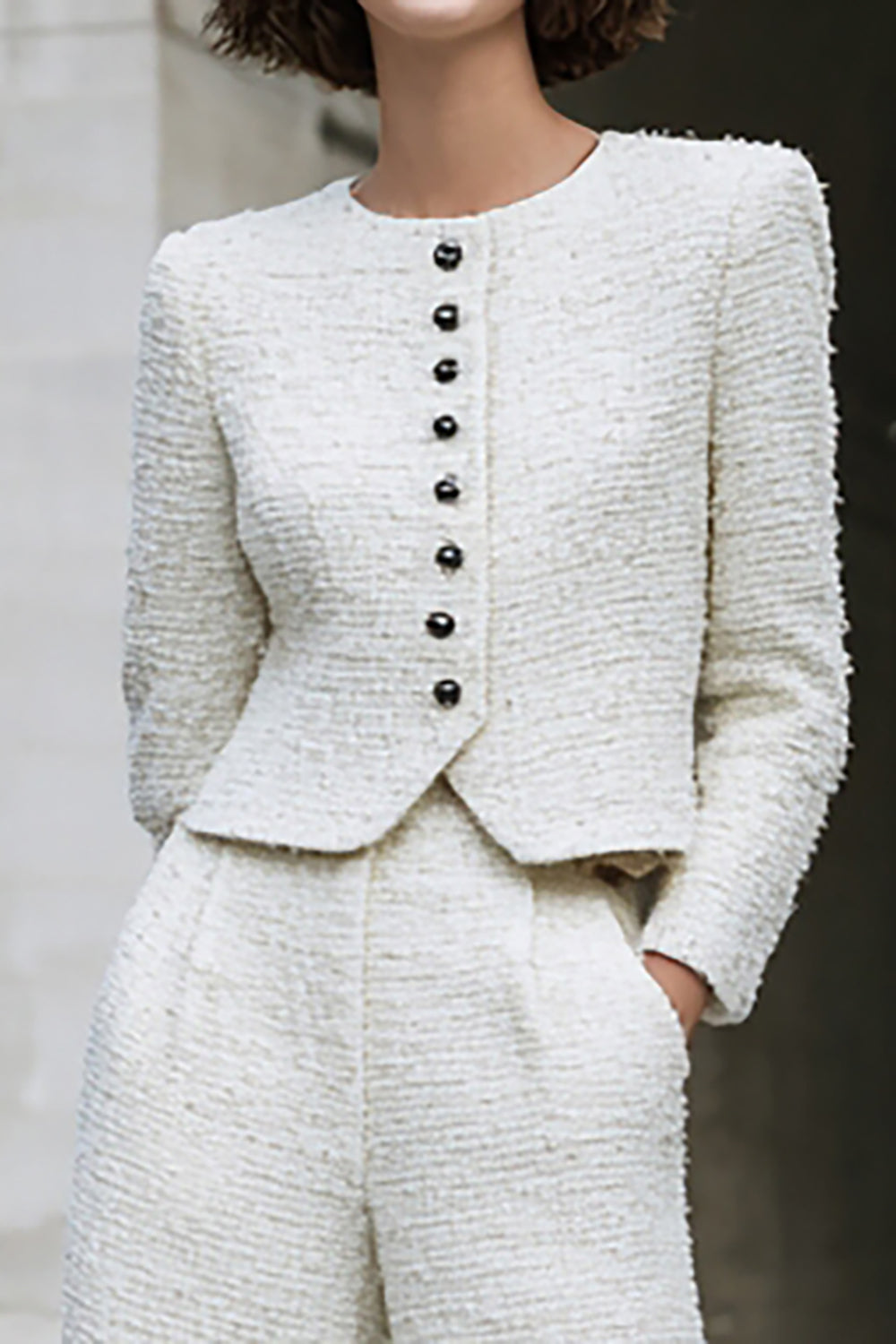 Ivory Long Sleeves 2 Piece Tweed Outfits with Pockets